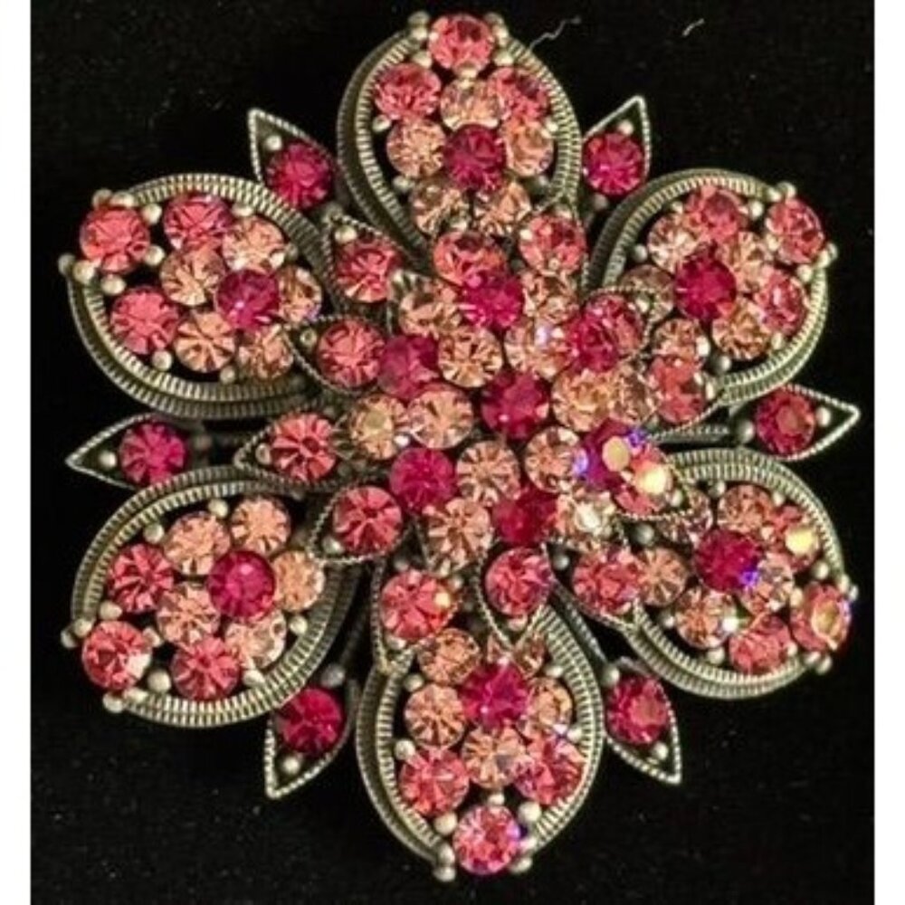 Vintage Round Pink Rhinestone Silver‎ Tone Brooch Pin Pendant Flower 2"